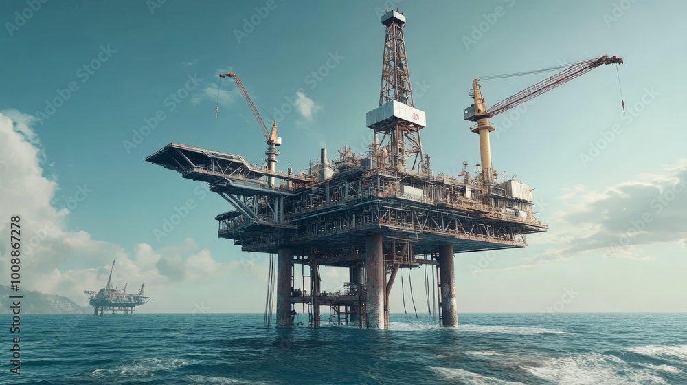 Massive oil platform towering over the ocean, with cranes lifting heavy equipment, clear skies in the background Massive oil platform towering over the ocean, with cranes lifting heavy equipment, clear skies in the background