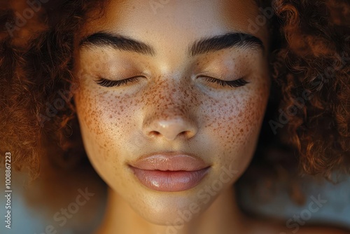 closeup of a mixedrace woman showcasing beautiful freckles with her eyes closed celebrating natural beauty individuality and the unique texture of her skin against a soft background photo