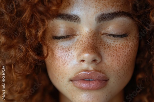 closeup of a mixedrace woman showcasing beautiful freckles with her eyes closed celebrating natural beauty individuality and the unique texture of her skin against a soft background