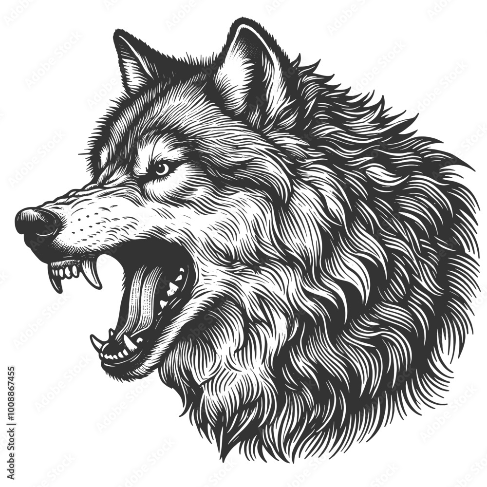 Fototapeta premium fierce howling wolf growling with bared teeth. Tattoo design. Strength and wild nature sketch engraving generative ai vector illustration. Scratch board imitation. Black and white image.