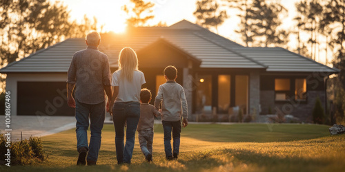 A family walks towards their new beautiful modern home. Buying a house. Real estate. Insurance. Credit