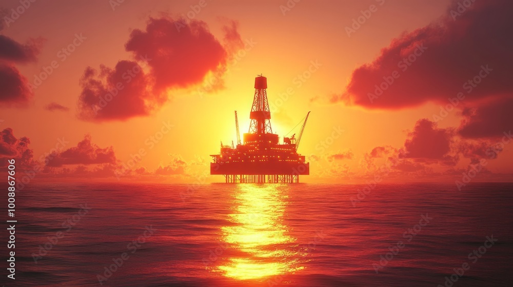 Offshore oil rig illuminated by the setting sun, surrounded by calm ocean waters, and a dramatic orange sky Offshore oil rig illuminated by the setting sun, surrounded by calm ocean waters, and a dramatic orange sky