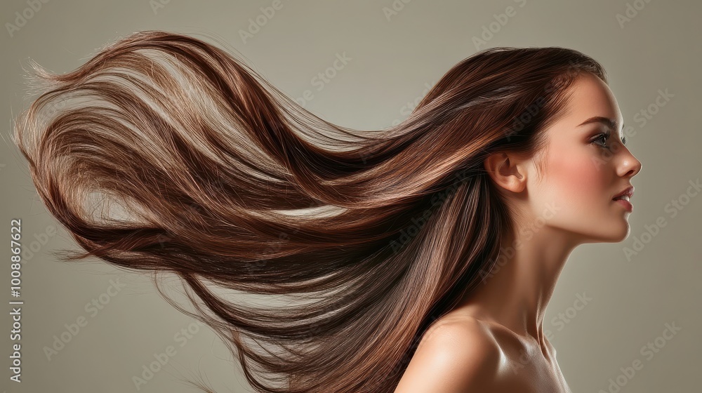 Naklejka premium Confident Woman with Long Shiny Brown Hair for Empowerment and Beauty Themes