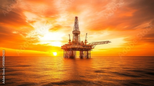 Offshore oil rig illuminated by the setting sun, surrounded by calm ocean waters, and a dramatic orange sky