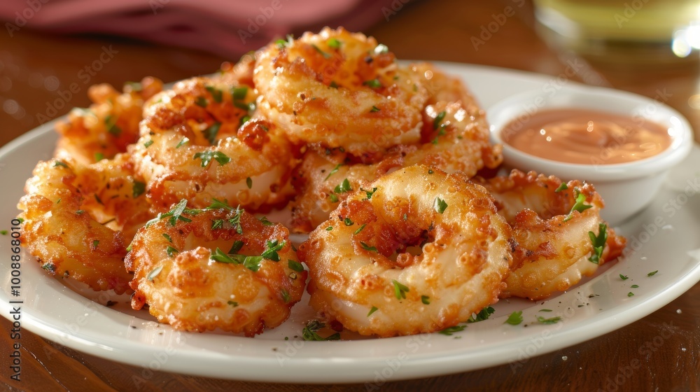 Close-Up of Appetizing Fried Calamari Rings Garnished with Herbs and Served with Dipping Sauce. Close-Up of Appetizing Fried Calamari Rings Garnished with Herbs and Served with Dipping Sauce.
