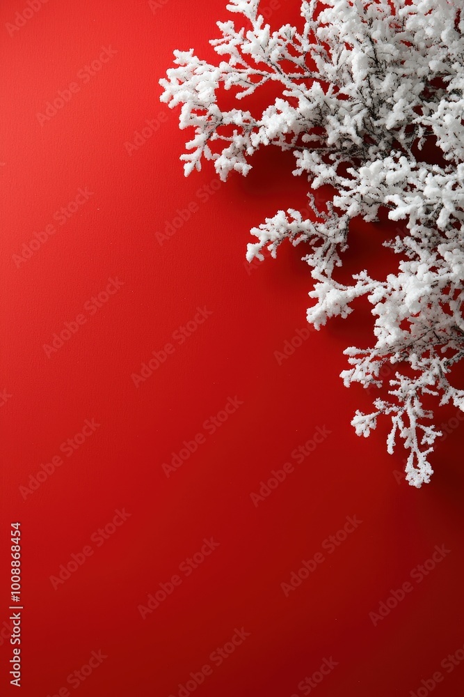 A frosty white branch delicately contrasts against a vibrant red background, creating a striking visual for seasonal and festive themes in photography. A frosty white branch delicately contrasts against a vibrant red background, creating a striking visual for seasonal and festive themes in photography.