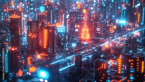 Futuristic Neon Cityscape at Night with Skyscrapers and Lights