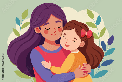 Mother is hugging her daughter. Happy Mother's day. Parent support. Mother and daughter. Vector art illustration