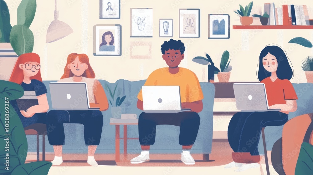 A group of students of various ages sitting at home, focused on their laptops during an online class, symbolizing the modern shift towards remote education. A group of students of various ages sitting at home, focused on their laptops during an online class, symbolizing the modern shift towards remote education.