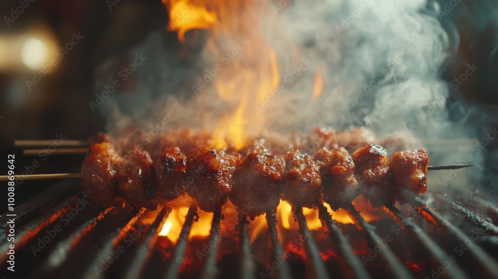Grilled Meat Skewers with Flames and Smoke Grilled Meat Skewers with Flames and Smoke