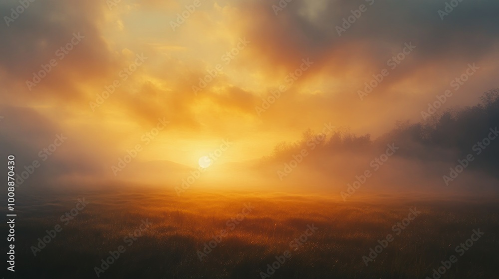 Golden Sunrise Over a Misty Field with Silhouetted Trees Golden Sunrise Over a Misty Field with Silhouetted Trees