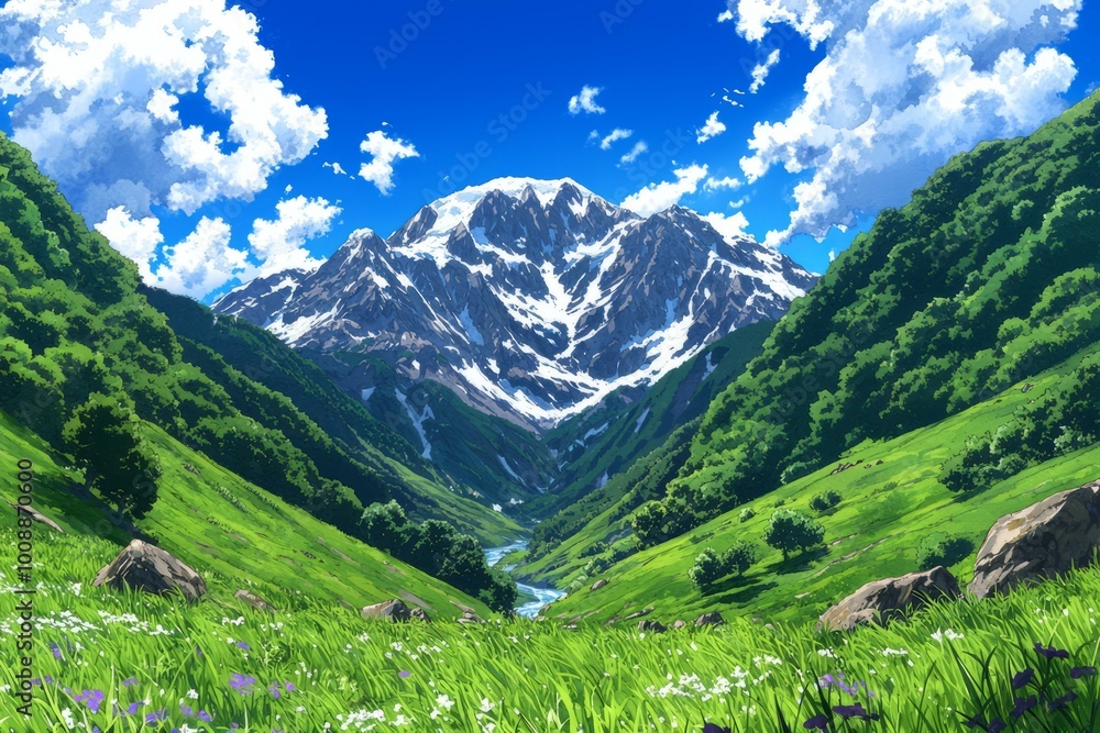 Obraz premium Breathtaking mountain valley with lush greenery and clear blue skies.