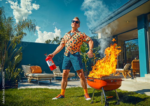 Funny Middle-Aged Man Holding a Fire Extinguisher Near a Barbecue Grill with High Flames