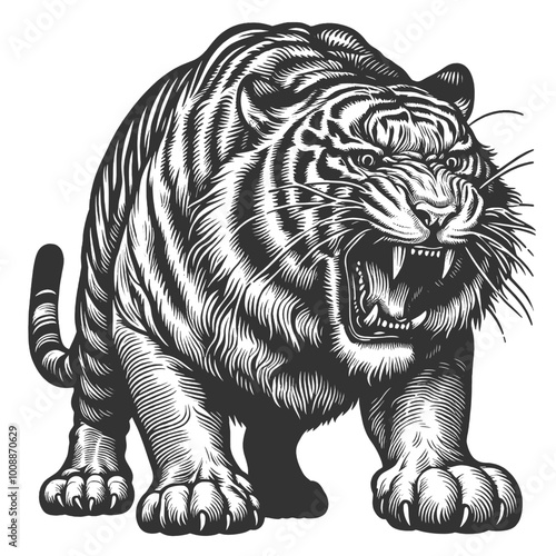 fierce roaring tiger growling, sharp teeth and powerful expression, exuding wild strength sketch engraving generative ai vector illustration. Scratch board imitation. Black and white image.