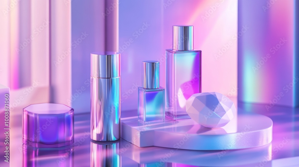 Iridescent Perfume Bottles and Geometric Shapes on a Purple Background Iridescent Perfume Bottles and Geometric Shapes on a Purple Background