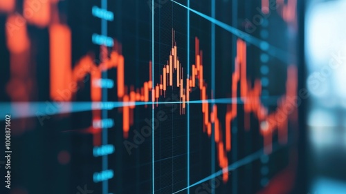 A close-up view of a stock market chart displaying fluctuating prices, highlighted in vibrant red and blue lines, illustrating market trends and movements.