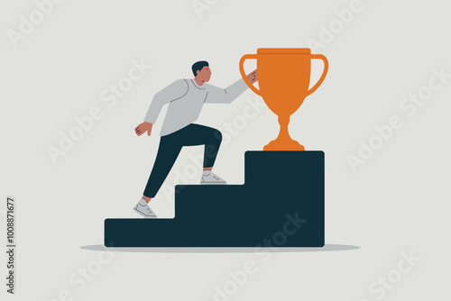 Man climbing steps with trophy on top, business concept, achievement and success.