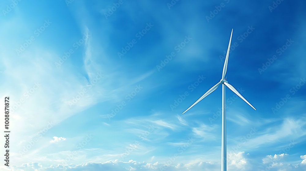 A tall wind turbine stands against a vibrant blue sky, showcasing a clean and renewable energy source. Ideal for environmental themes and technology concepts. A tall wind turbine stands against a vibrant blue sky, showcasing a clean and renewable energy source. Ideal for environmental themes and technology concepts.