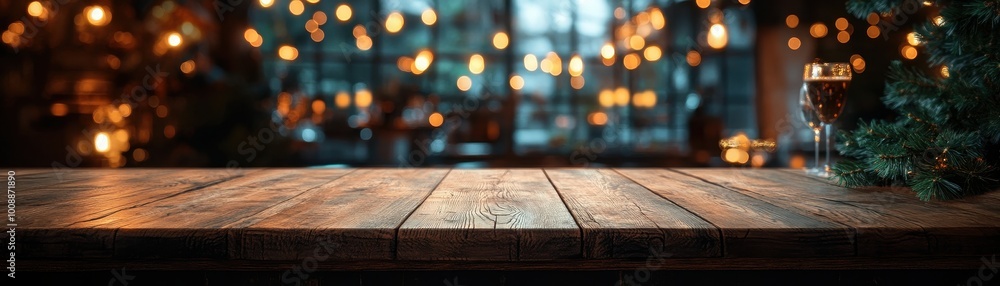 Rustic Wooden Table with Festive Bokeh Lights and Christmas Tree in Cozy Ambient Setting for Holiday Celebrations Rustic Wooden Table with Festive Bokeh Lights and Christmas Tree in Cozy Ambient Setting for Holiday Celebrations