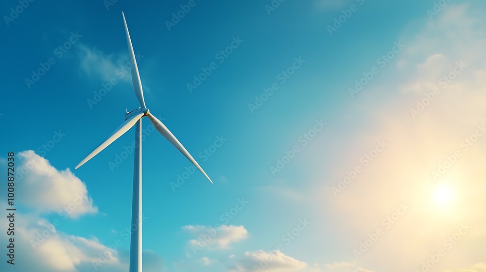 Fototapeta premium A striking wind turbine stands tall against a bright blue sky, showcasing renewable energy production. Ideal for themes of sustainability and innovation.