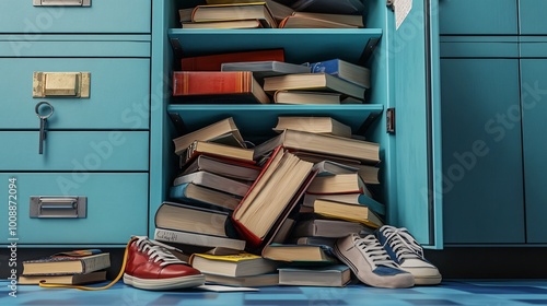 3D Messy School Locker with Spilled Textbooks and Sneakers
