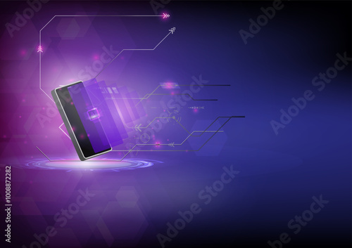 The concept of AI technology. Mobile phones work together with artificial intelligence technology to send and receive dat through the Internet with efficiency,Vector illustration fantastic style