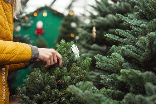 Person choosing Christmas tree at market, tag shown photo