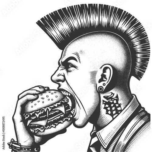 punk rocker with a pompadour haircut, piercings, and tattoos, eating a burger, rebellious attitude sketch engraving generative ai vector illustration. Scratch board imitation. Black and white image.