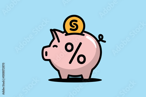 Piggy bank with percentage symbol on the front, business, finance and savings concept.