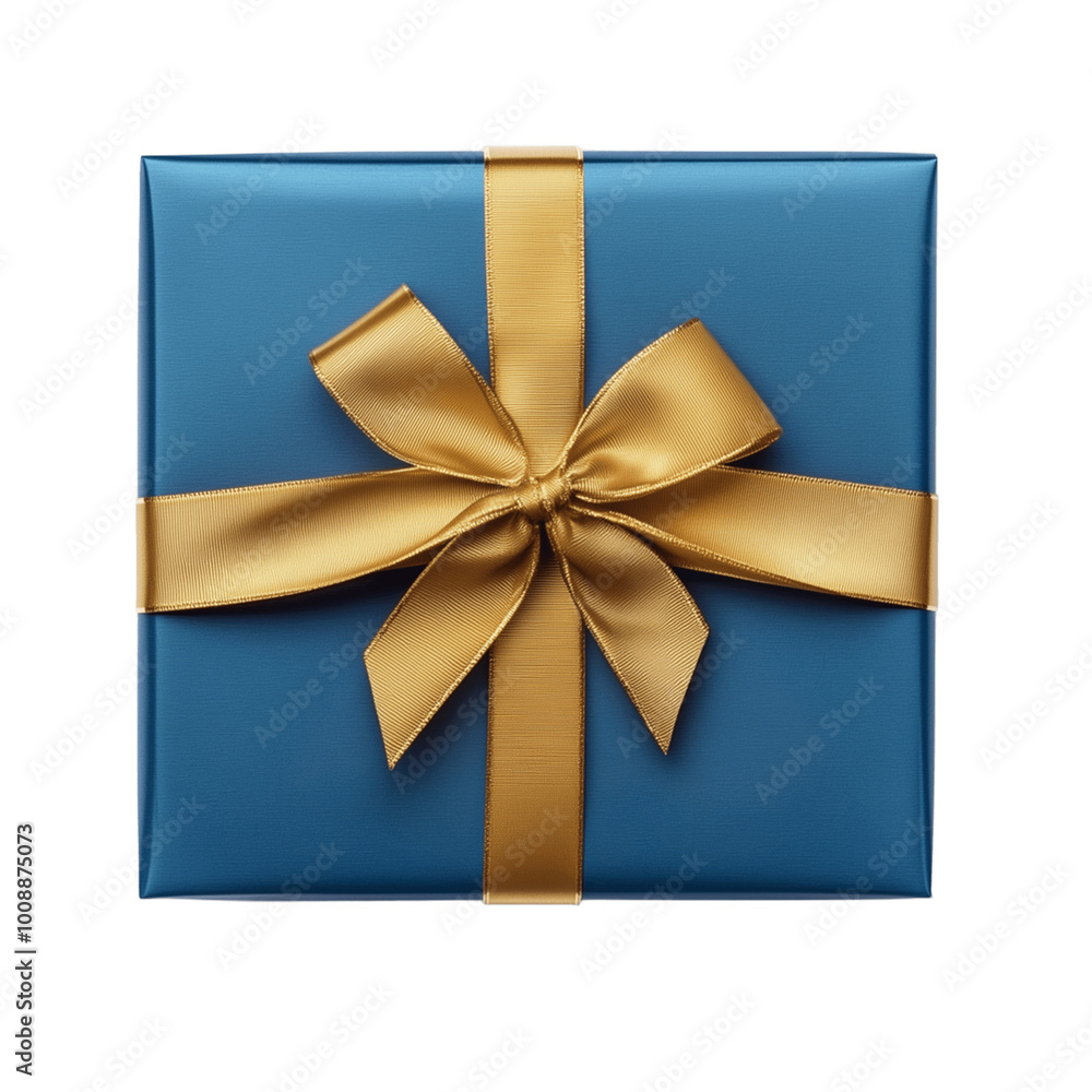 Blue gift box with golden ribbon isolated on the background. Top view gift box on a transparent background. Generative AI. Blue gift box with golden ribbon isolated on the background. Top view gift box on a transparent background. Generative AI.