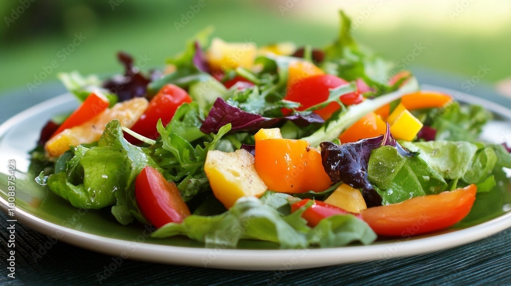 A vibrant plate of organic salad made with fresh greens, colorful vegetables, and a light vinaigrette, appealing to health-conscious consumers. A vibrant plate of organic salad made with fresh greens, colorful vegetables, and a light vinaigrette, appealing to health-conscious consumers.