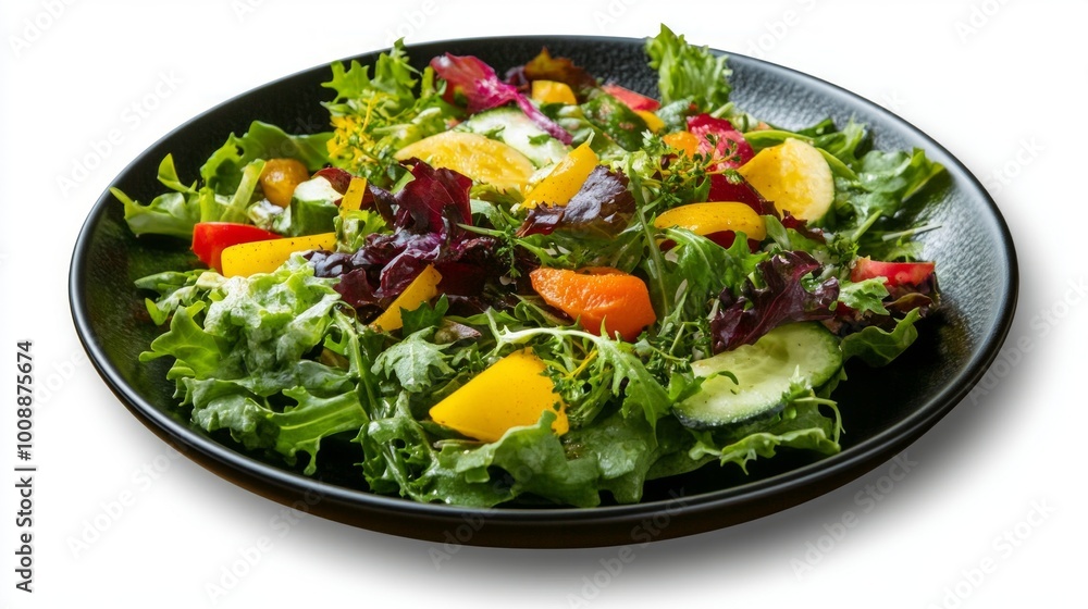 A vibrant plate of organic salad made with fresh greens, colorful vegetables, and a light vinaigrette, appealing to health-conscious consumers. A vibrant plate of organic salad made with fresh greens, colorful vegetables, and a light vinaigrette, appealing to health-conscious consumers.