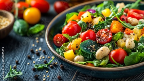 A vibrant plate of organic salad made with fresh greens, colorful vegetables, and a light vinaigrette, appealing to health-conscious consumers.