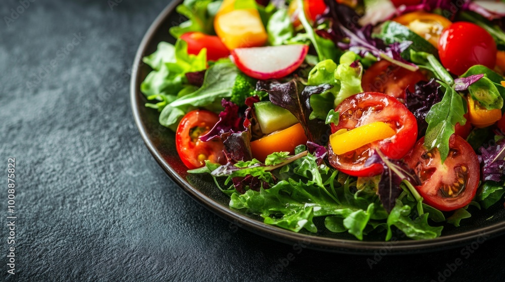 A vibrant plate of organic salad made with fresh greens, colorful vegetables, and a light vinaigrette, appealing to health-conscious consumers. A vibrant plate of organic salad made with fresh greens, colorful vegetables, and a light vinaigrette, appealing to health-conscious consumers.