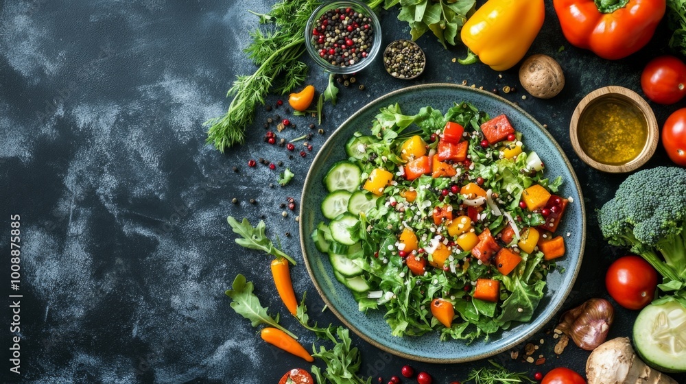 A vibrant plate of organic salad made with fresh greens, colorful vegetables, and a light vinaigrette, appealing to health-conscious consumers. A vibrant plate of organic salad made with fresh greens, colorful vegetables, and a light vinaigrette, appealing to health-conscious consumers.