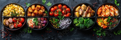 A beautifully arranged assortment of healthy and colorful cooked vegetables, roasted meats, and fresh greens in bowls on a dark rustic background.