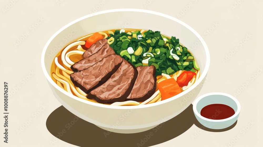 Delicious Bowl of Noodle Soup with Beef Strips Delicious Bowl of Noodle Soup with Beef Strips