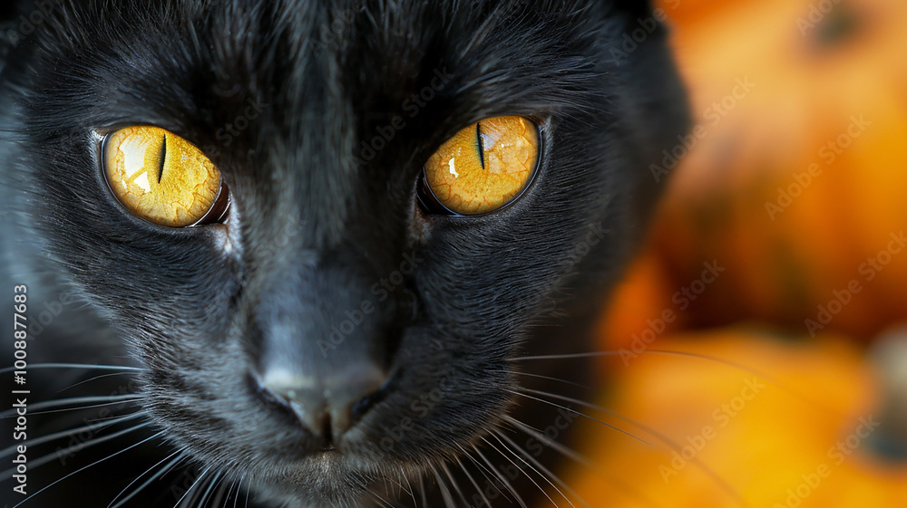 Fluffy black cat with yellow eyes on a background of orange Halloween pumpkins Fluffy black cat with yellow eyes on a background of orange Halloween pumpkins