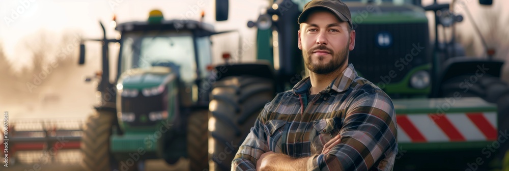 Farmer standing confidently in front of his tractors during golden hour at a rural farm Farmer standing confidently in front of his tractors during golden hour at a rural farm