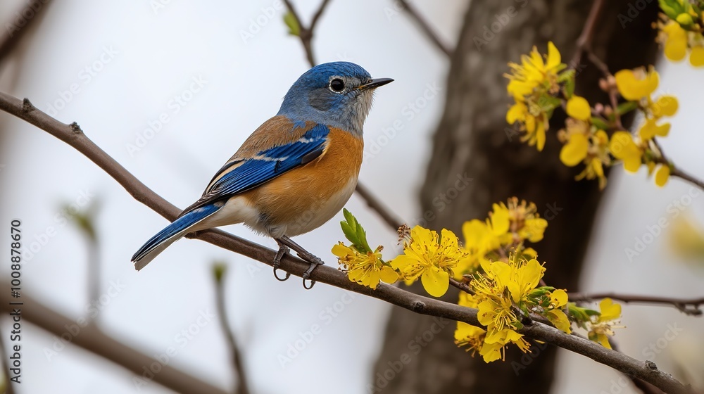 A vibrant blue bird perched gracefully on a slender tree branch adorned with bright yellow flowers. The scene captures the essence of spring, showcasing the lively contrast between the bird’s stunning A vibrant blue bird perched gracefully on a slender tree branch adorned with bright yellow flowers. The scene captures the essence of spring, showcasing the lively contrast between the bird’s stunning