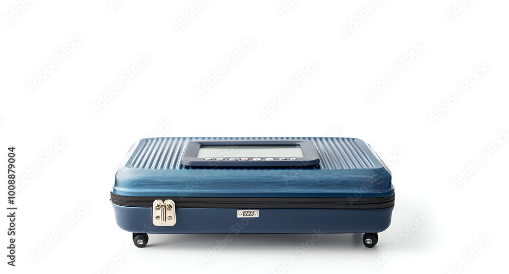 A blue suitcase with wheels positioned against a clean white background A blue suitcase with wheels positioned against a clean white background