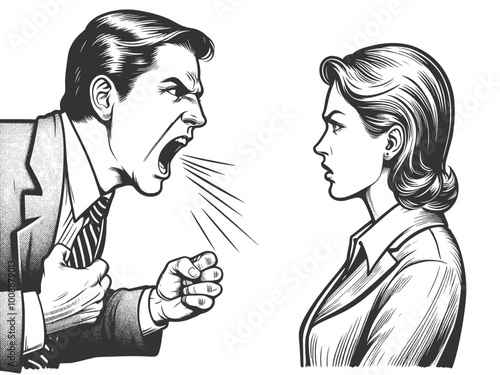husband yells at wife, boss yells at employee, angry man yelling at a calm woman sketch engraving generative ai fictional character vector illustration. Scratch board imitation. Black and white image.