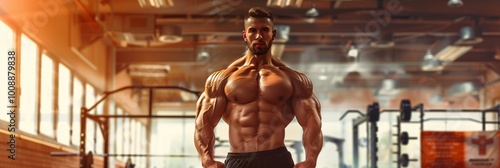 A muscular man showcasing impressive physique in a fitness gym during morning hours with bright sunlight streaming through windows photo