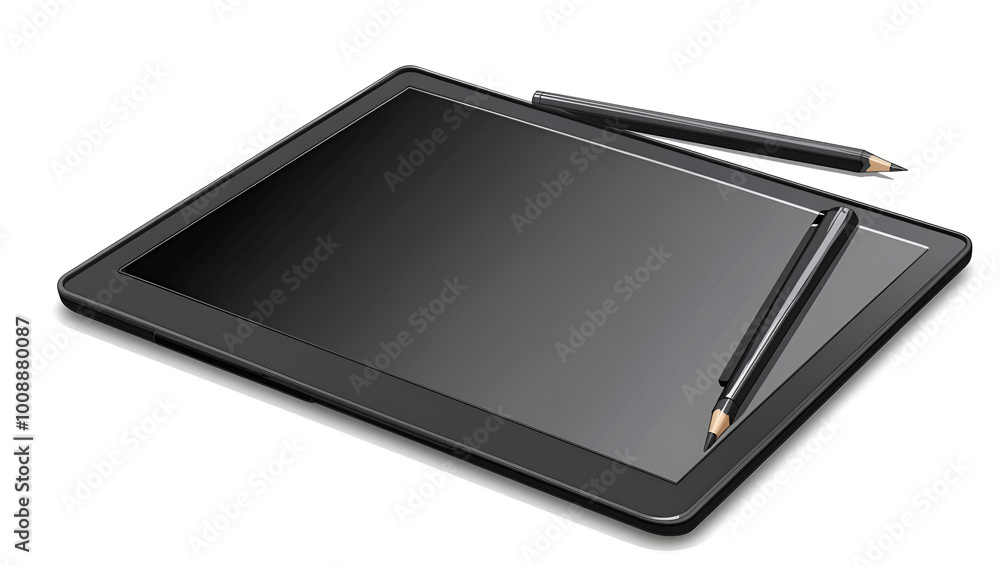 A tablet positioned flat with a pen and a pencil resting on top, showcasing a workspace for digital and traditional art. A tablet positioned flat with a pen and a pencil resting on top, showcasing a workspace for digital and traditional art.