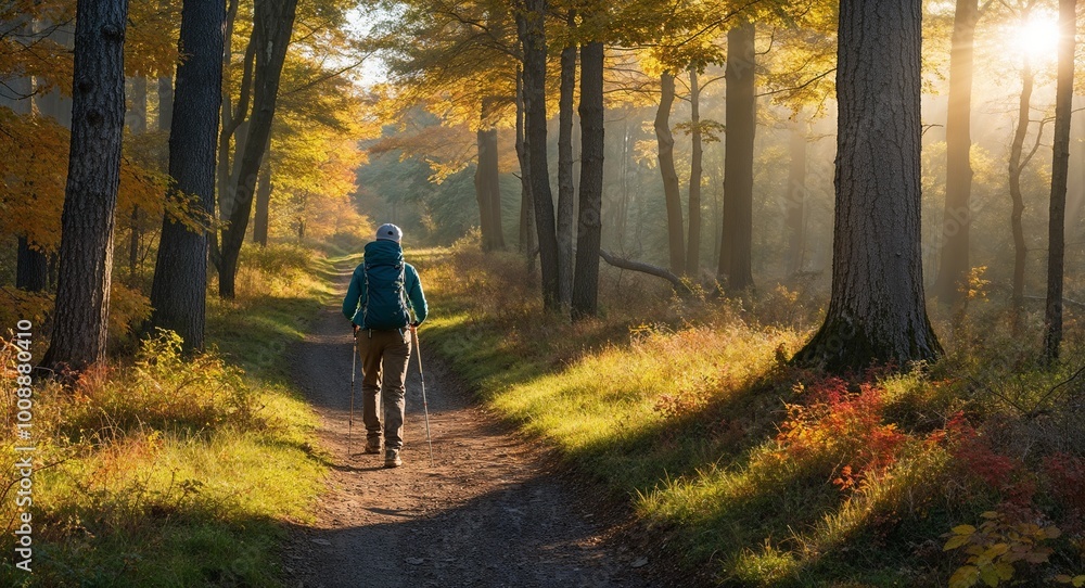 Hiker navigating a serene autumn woodland path illuminated by morning sunlight Hiker navigating a serene autumn woodland path illuminated by morning sunlight