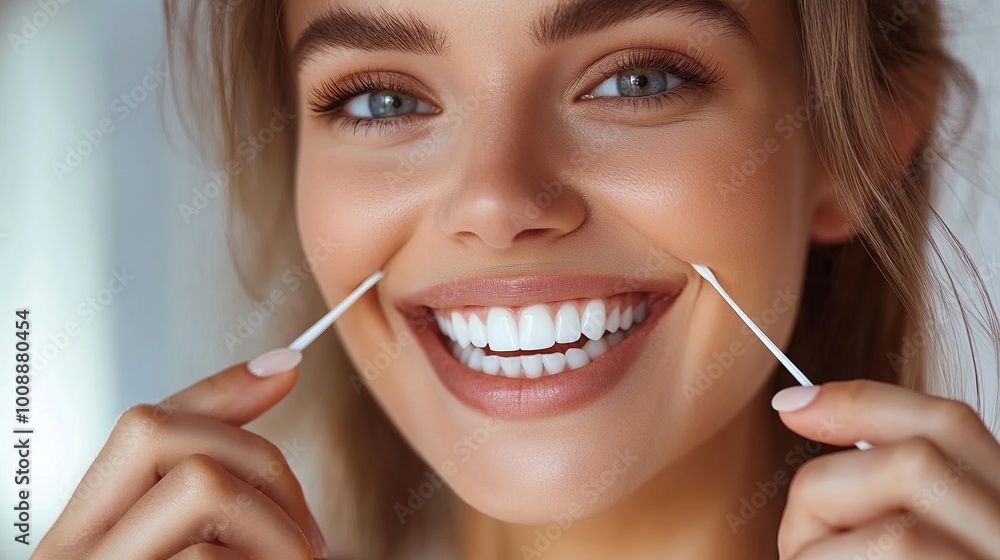 A woman is happily flossing her teeth with white floss. Her smile is bright, and her teeth are sparkling white. A woman is happily flossing her teeth with white floss. Her smile is bright, and her teeth are sparkling white.
