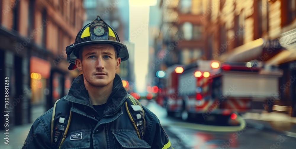 Brave firefighter standing on a city street after responding to an emergency call during a rainy evening in a bustling urban environment Brave firefighter standing on a city street after responding to an emergency call during a rainy evening in a bustling urban environment