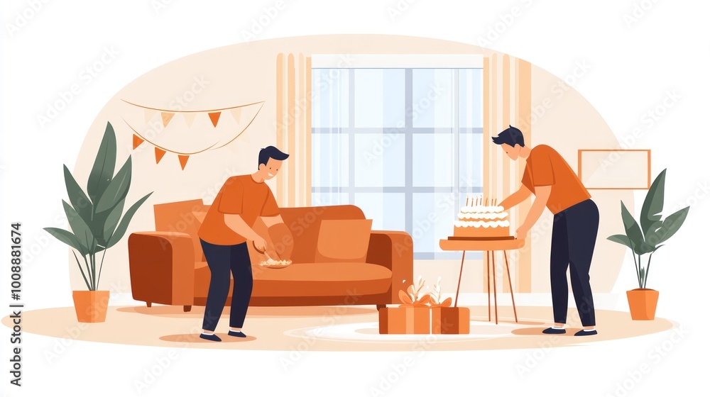 Fototapeta premium Two people preparing for a celebration with a cake and gifts in a cozy living room.