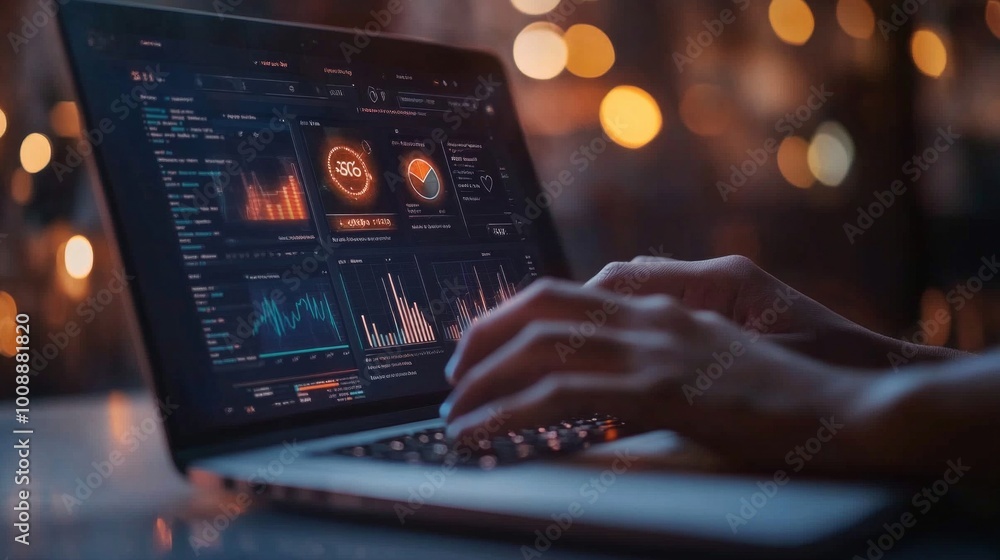 Close-up shot of hands typing on a laptop, displaying a digital marketing dashboard with charts and analytics, reflecting modern business operations. Close-up shot of hands typing on a laptop, displaying a digital marketing dashboard with charts and analytics, reflecting modern business operations.