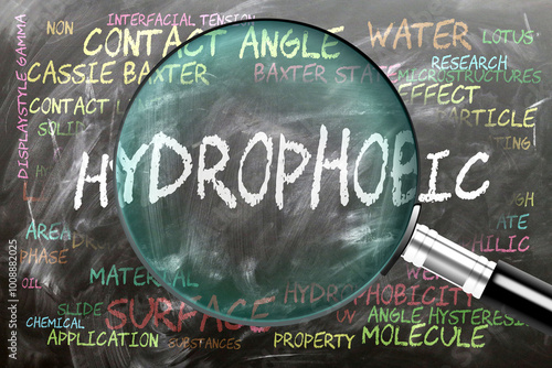 Hydrophobic being studied, examined - under close inspection. Most important subjects and ideas closely related to hydrophobic written on a blackboard inspected by a magnifying glass. ,3d illustration